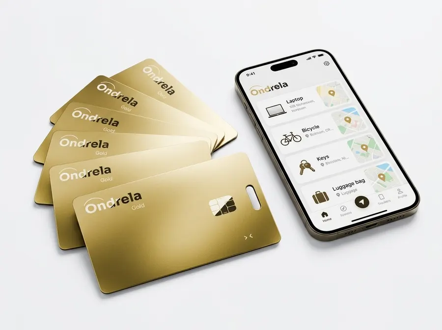 「探す」アプリを表示したスマートフォンの横に並ぶゴールドのOndrela トラッカーカードのセット