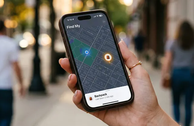 市街地図の上にトラッカーの位置を表示したスマートフォンを持つ手